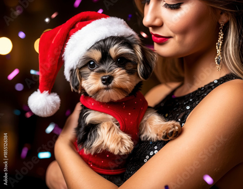 Portrait of a small dog in a Santa costume on the background of a party.