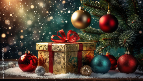 Beautiful New Year's background with gifts, Christmas balls and tinsel.