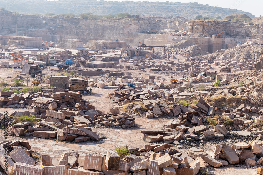Fototapeta premium environmental impact of stone quarrying in hilly terrain in Aravalli mountain range