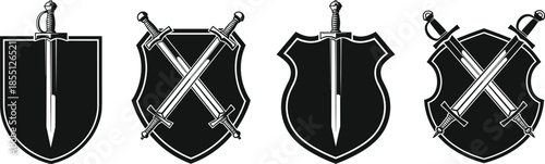 Heraldic shield icons featuring single sword and crossed swords designs for medieval emblems, protection symbols, and strength representation in logo and crest artwork