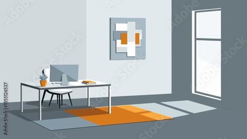 Modern Minimalist Office Desk Workspace Interior.