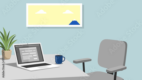 Modern Office Workspace with Laptop and Chair.