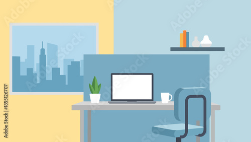 Modern Office Workspace with Laptop and Decor.