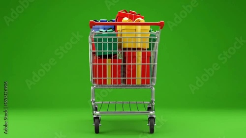 Shopping cart filled with colorful gift boxes isolated on a green screen background for chroma keying
