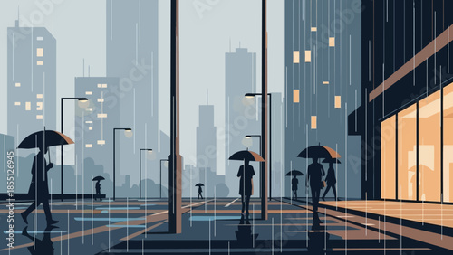 People Walking with Umbrellas on Rainy Day.