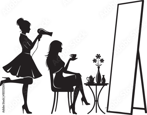 Hair salon scene with stylist drying hair and woman enjoying tea in front of a mirror vector silhouette
