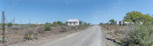 R400 dirt road and very little village,  Bracefield, Karoo, South Africa