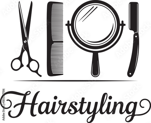 Retro hairstyling tools scissors comb mirror straight razor and hairstyling lettering with background