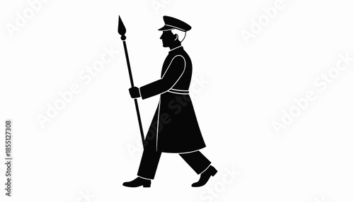 Silhouette of a soldier with a spear walking on a white background.
