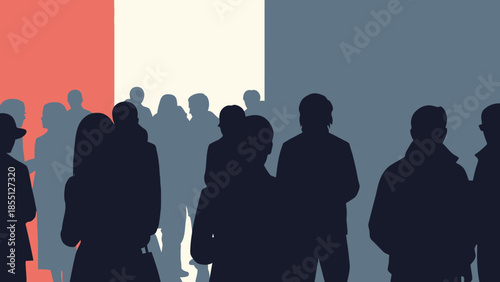 Silhouettes of people standing together in crowd.