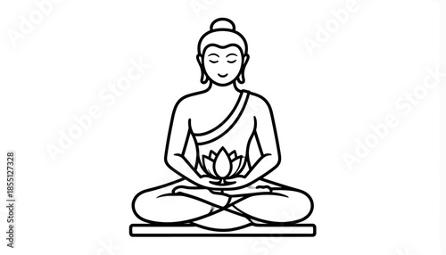 Simple line art illustration of Buddha in lotus position holding a lotus flower.