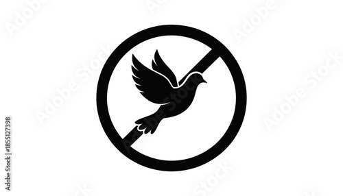A symbolic representation of peace denial with a dove in a prohibition sign.