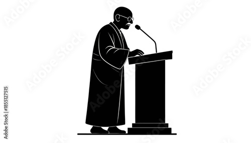 Silhouette illustration of a person giving a speech at a podium.