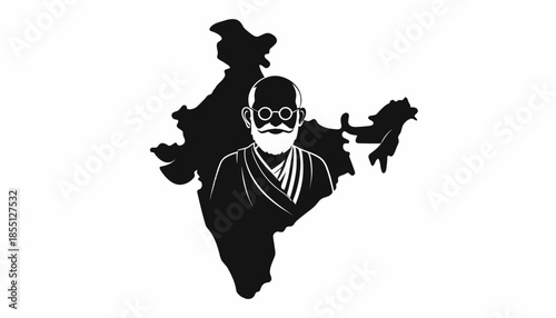 Black and white illustration of Indian leader with map of India.
