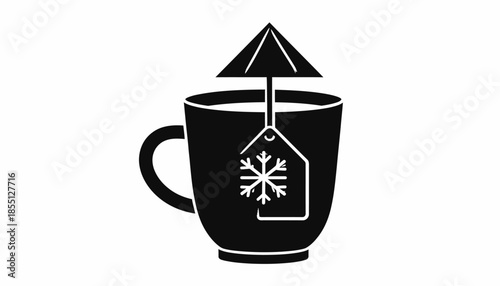 A black and white drawing of a cup of tea with a snowflake on the tea bag.