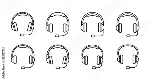 Set of eight headsets with microphones
