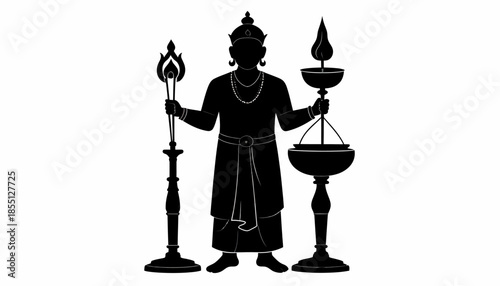 Silhouette of a deity holding ceremonial objects in black and white.