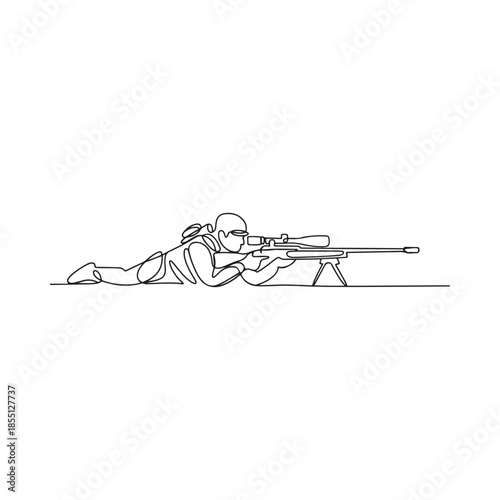 Line art illustration of a sniper in a prone shooting position with a rifle