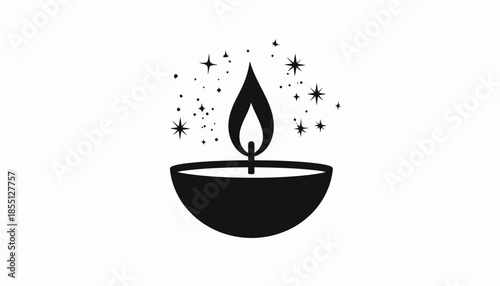 Minimalist vector illustration of a candle flame with stars on white background.