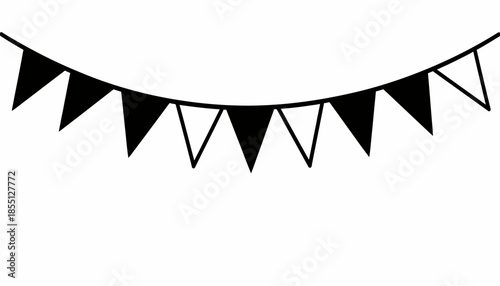 Black and white illustration of a string of triangular party flags.