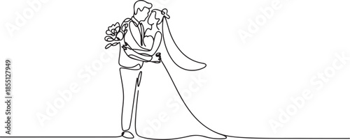 Single continuous line drawing man holding a woman wearing wedding dress with bouquet. Boy in love giving flowers. Happy couple getting ready for wedding party. one line Icon drawing