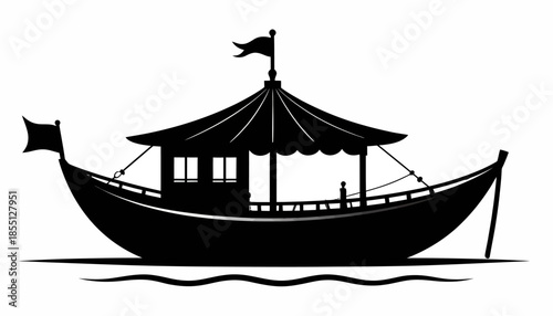 Silhouette of a traditional Asian boat with a covered deck and flags.