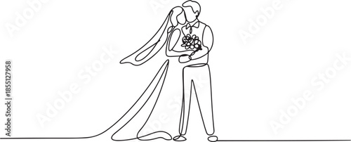Single continuous line drawing man holding a woman wearing wedding dress with bouquet. Boy in love giving flowers. Happy couple getting ready for wedding party. one line Icon drawing