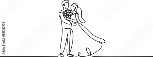 Single continuous line drawing man holding a woman wearing wedding dress with bouquet. Boy in love giving flowers. Happy couple getting ready for wedding party. one line Icon drawing