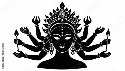 Illustration of Hindu Goddess Durga with multiple arms holding weapons.