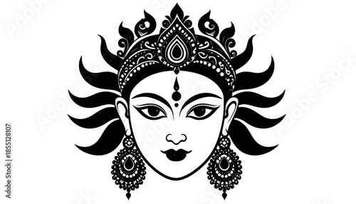 Illustration of the Hindu Goddess Durga with intricate details in black and white.