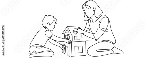 One single line drawing of young mom playing with her son building a house from foam puzzle block toy, parenting vector illustration. Happy family playing together concept. one line Icon drawing