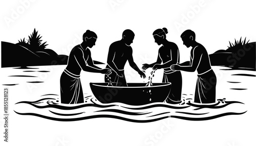 Silhouette illustration of people bathing in a river.