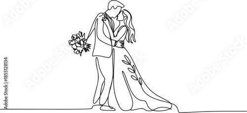 Single continuous line drawing man holding a woman wearing wedding dress with bouquet. Boy in love giving flowers. Happy couple getting ready for wedding party. one line Icon drawing