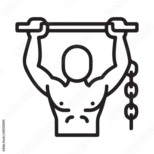 A simple black and white line drawing of a man doing a pull up exercise