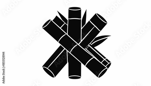 Minimalist black and white illustration of bamboo stalks and leaves.