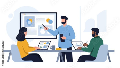 Team Discussing Project with Presentation Screen.