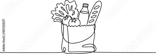One continuous line drawing of fresh delicious vegetables, milk, baguette, and bread inside paper grocery bag. Staple food concept. one line Icon drawing