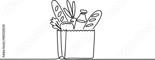 One continuous line drawing of fresh delicious vegetables, milk, baguette, and bread inside paper grocery bag. Staple food concept. one line Icon drawing