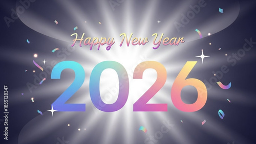 A colorful digital illustration of Happy New Year 2026 with rainbow numbers and confetti on a dark background with shining light