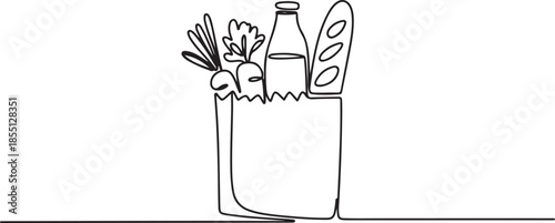 One continuous line drawing of fresh delicious vegetables, milk, baguette, and bread inside paper grocery bag. Staple food concept. one line Icon drawing