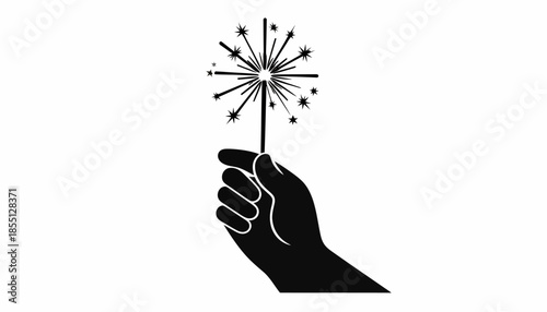 Hand holding a sparkler, vector illustration, black and white.