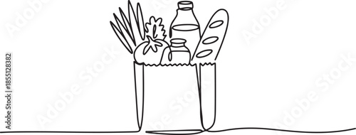One continuous line drawing of fresh delicious vegetables, milk, baguette, and bread inside paper grocery bag. Staple food concept. one line Icon drawing