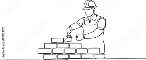 Continuous one line drawing repairman building brick wall. Construction worker in uniform and helmet doing work. Builder concept. one line Icon drawing