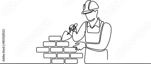 Continuous one line drawing repairman building brick wall. Construction worker in uniform and helmet doing work. Builder concept. one line Icon drawing