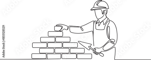 Continuous one line drawing repairman building brick wall. Construction worker in uniform and helmet doing work. Builder concept. one line Icon drawing
