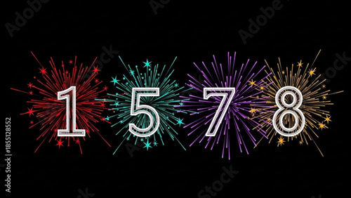 Colorful fireworks display with large numbers on a black background for a celebratory or festive event decoration
