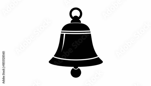 Simple black and white illustration of a bell with a ringer.