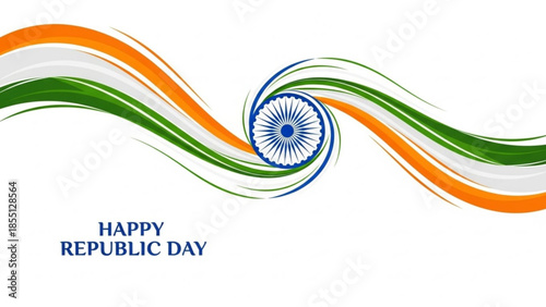 Indian republic day celebration with tricolor wave and ashoka chakra symbol on white background