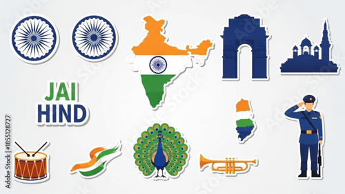 Indian national symbols, flags, landmarks, and patriotic elements in a colorful graphic illustration for independence day or republic day celebration