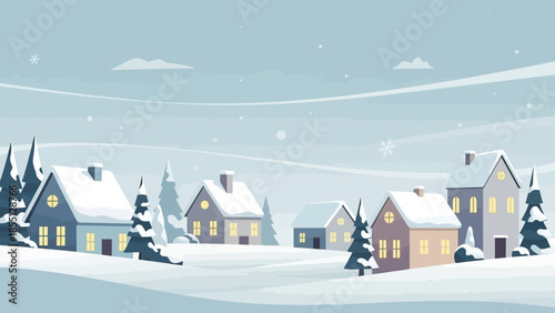 Winter Village Houses Snowy Landscape Scene.